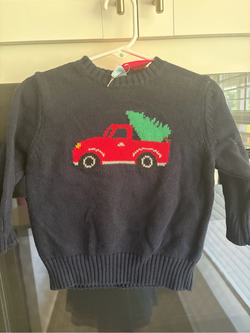 Class Club Navy Sweater with Red Truck and Green Tree Motif